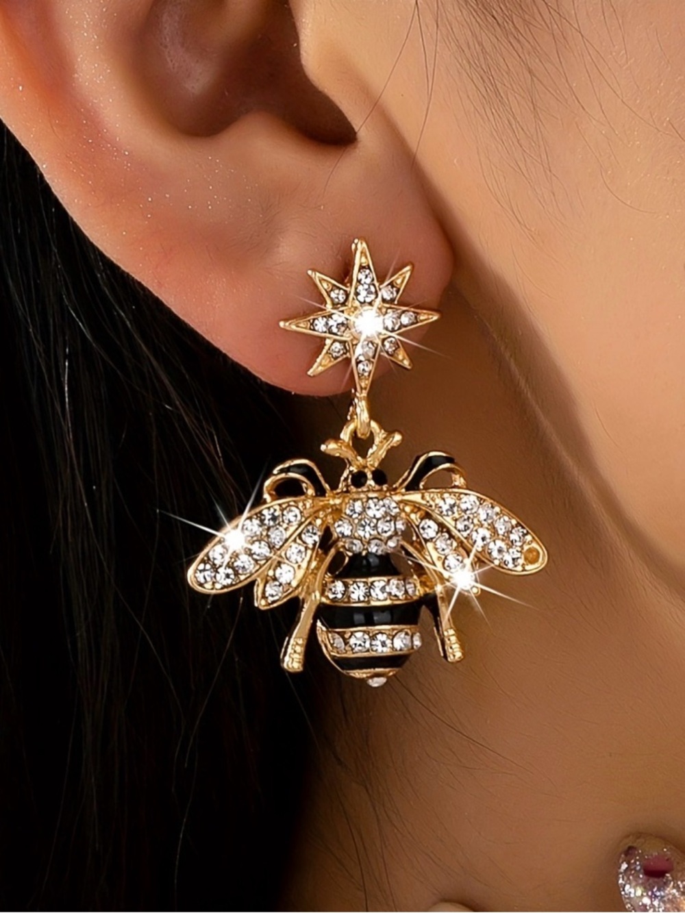 Bee Crystal Honey Earrings Shiny Earrings - Picture 3 of 7